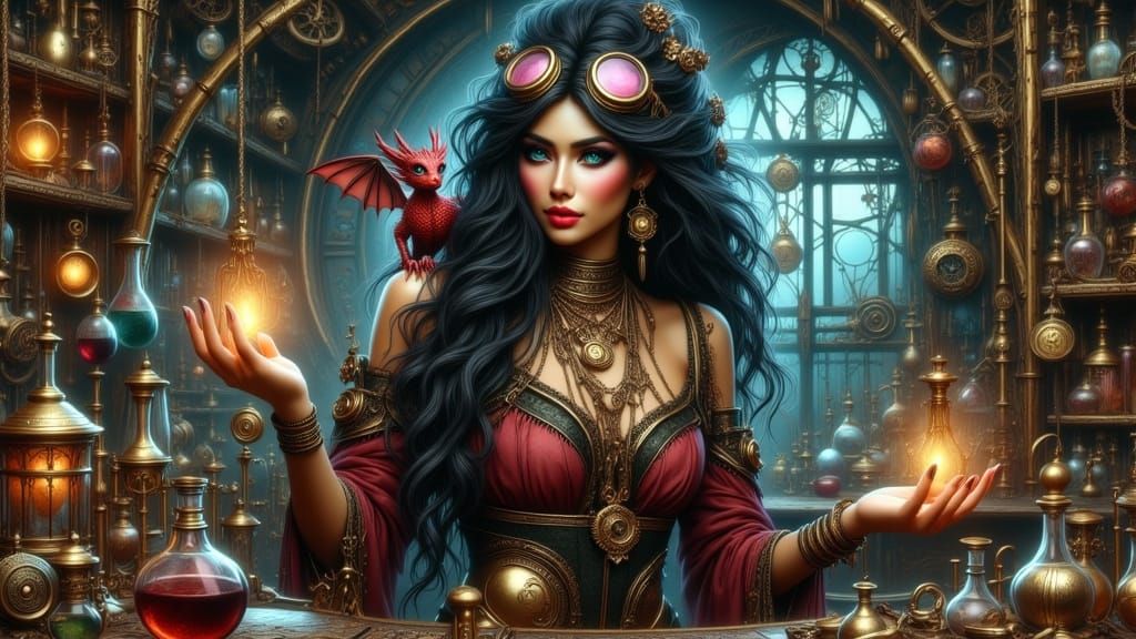 Steampunk Sorceress in a Clockwork Laboratory