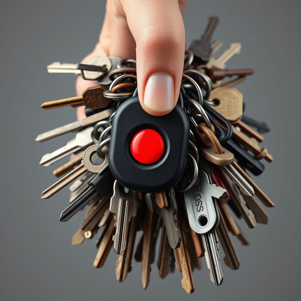 Gal Hovers Over Tiny Red Button on Industrial Keychain Remot...