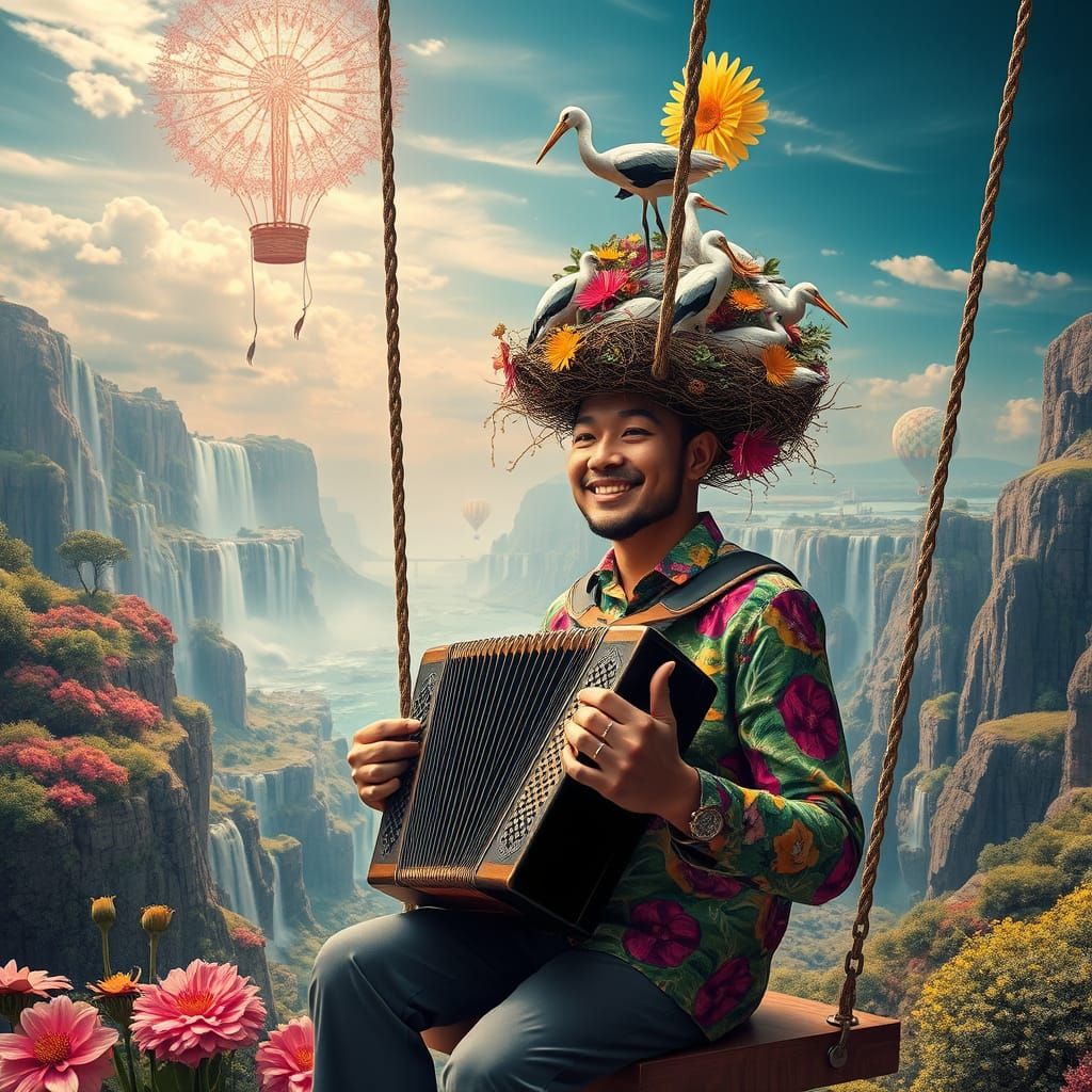 Psychedelic Utopia with Floating City and Bizarre Characters