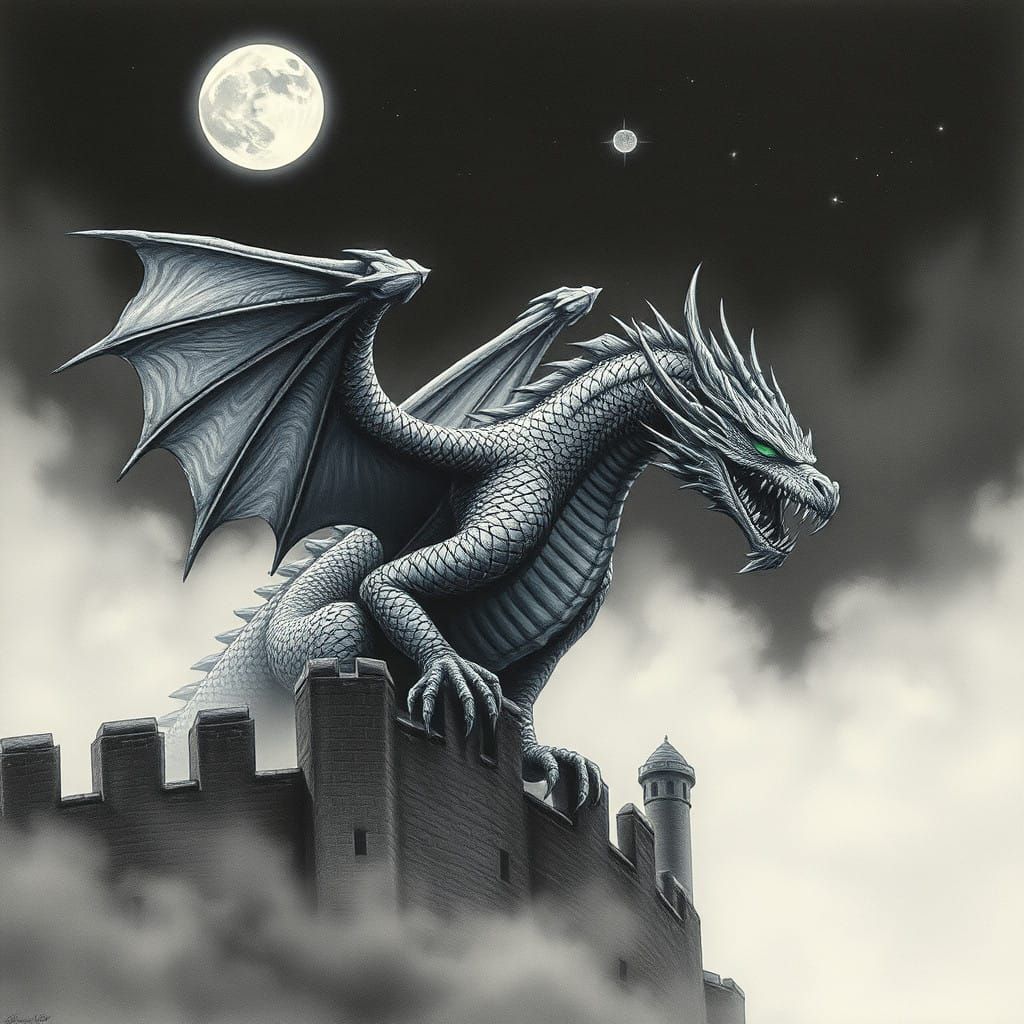 Majestic Dragon on Fog-Shrouded Castle Wall in Moonlit Night