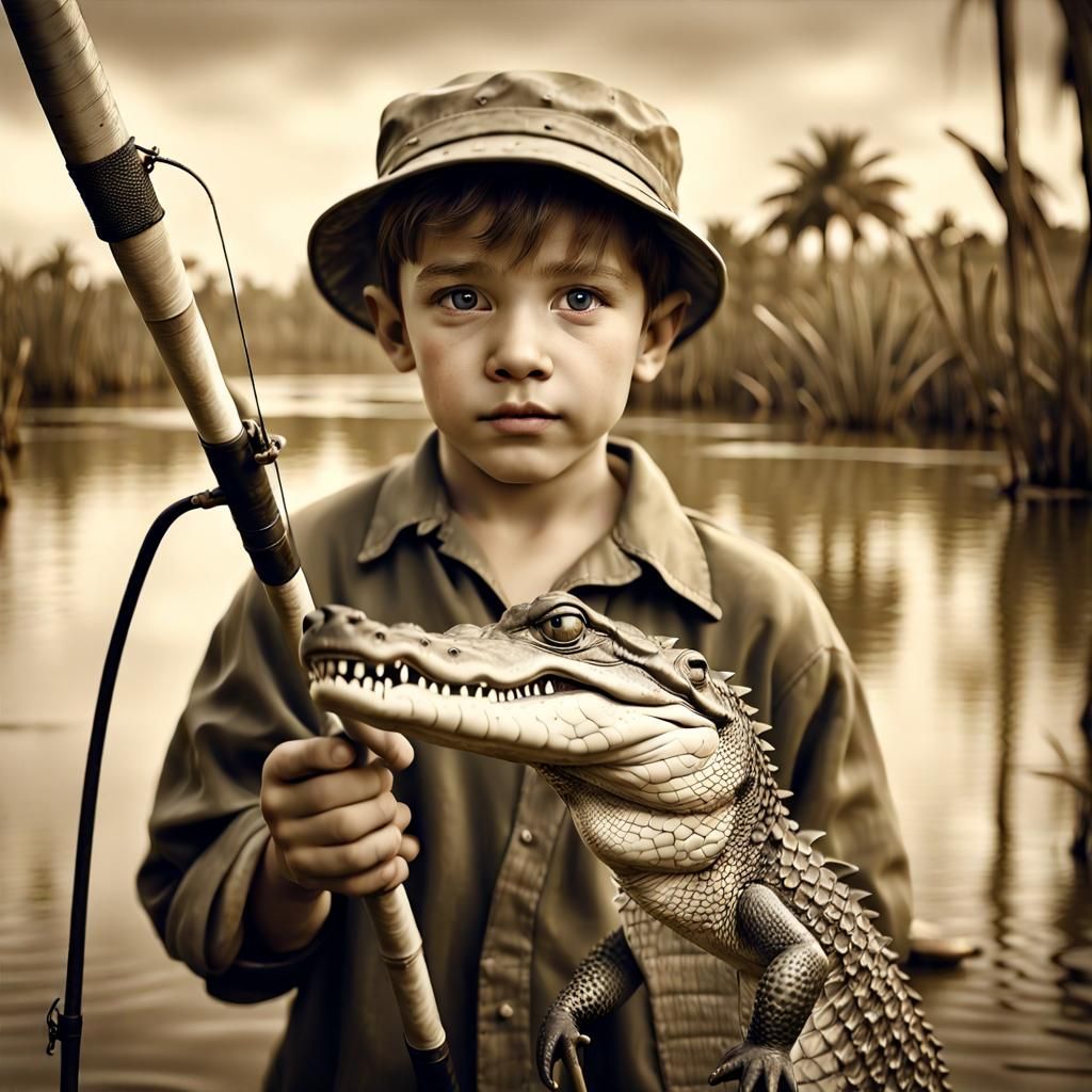 Vintage Alligator Fishing in a Tropical Swamp