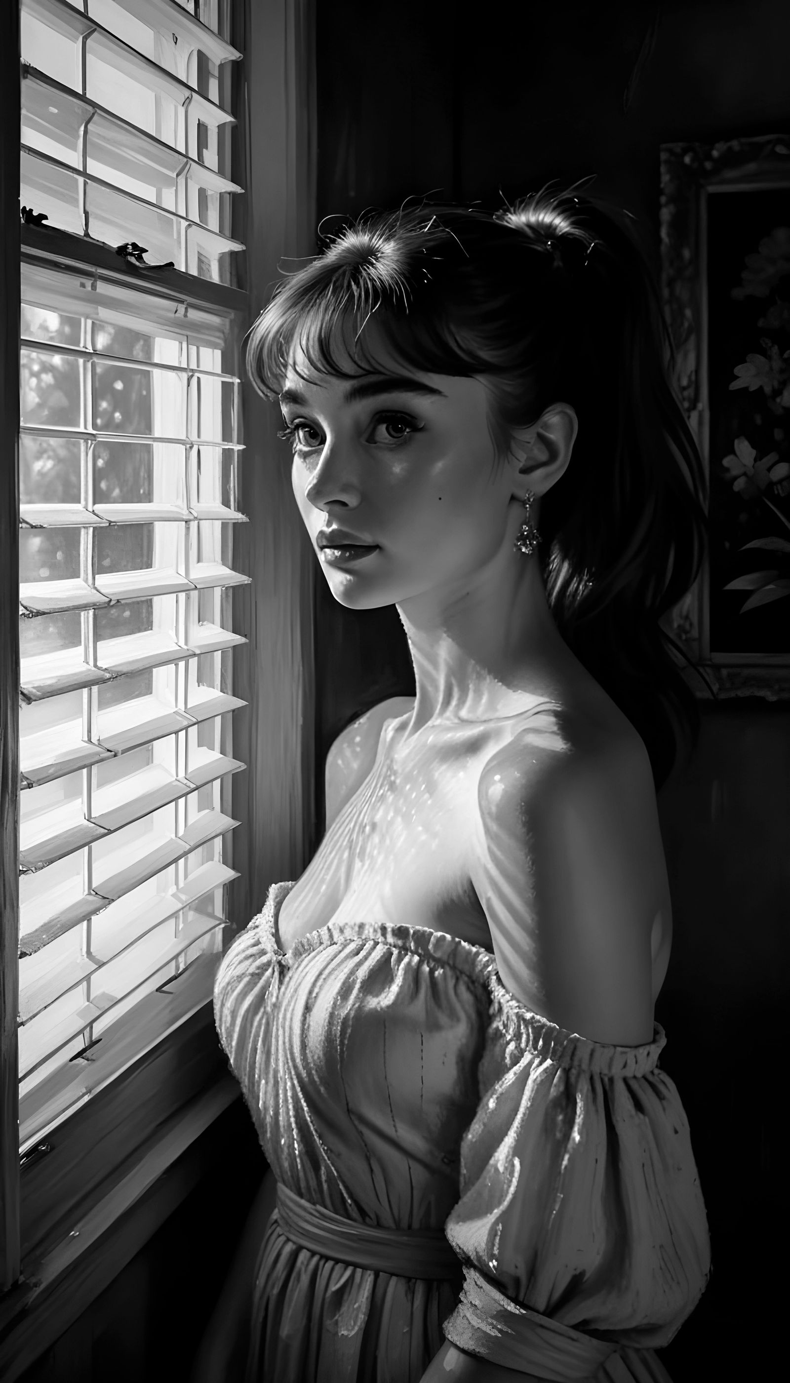 Audrey Hepburn in Orange Dress with Window Shadows