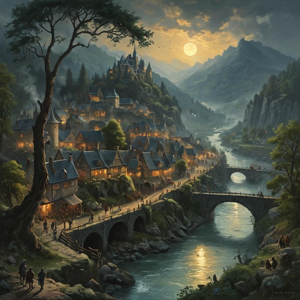 Fantasy Village Under Solar Eclipse, Ethereal Oil Painting
