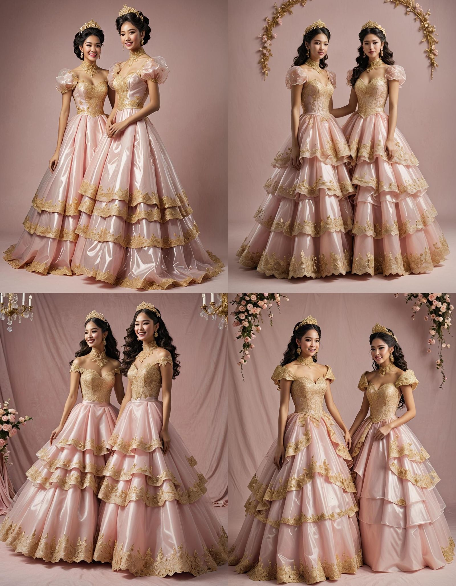 Two Women in Matching Pink Plastic Quinceanera Gowns