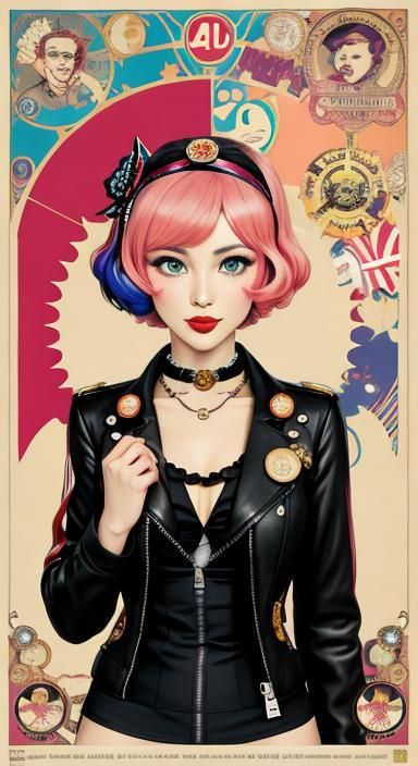 Sanriocore Flapper Portrait in Psychedelic Art Nouveau Style