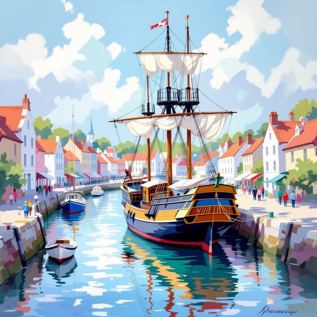 Galleon in Pastel Harbour: Oil Painting