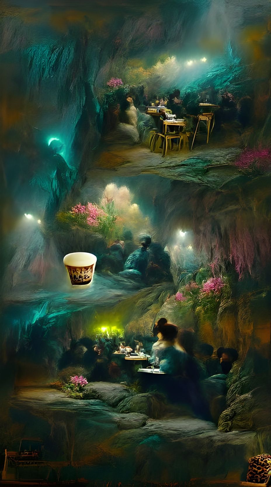Steampunk Night Cafe in Cave Illuminated by Plants