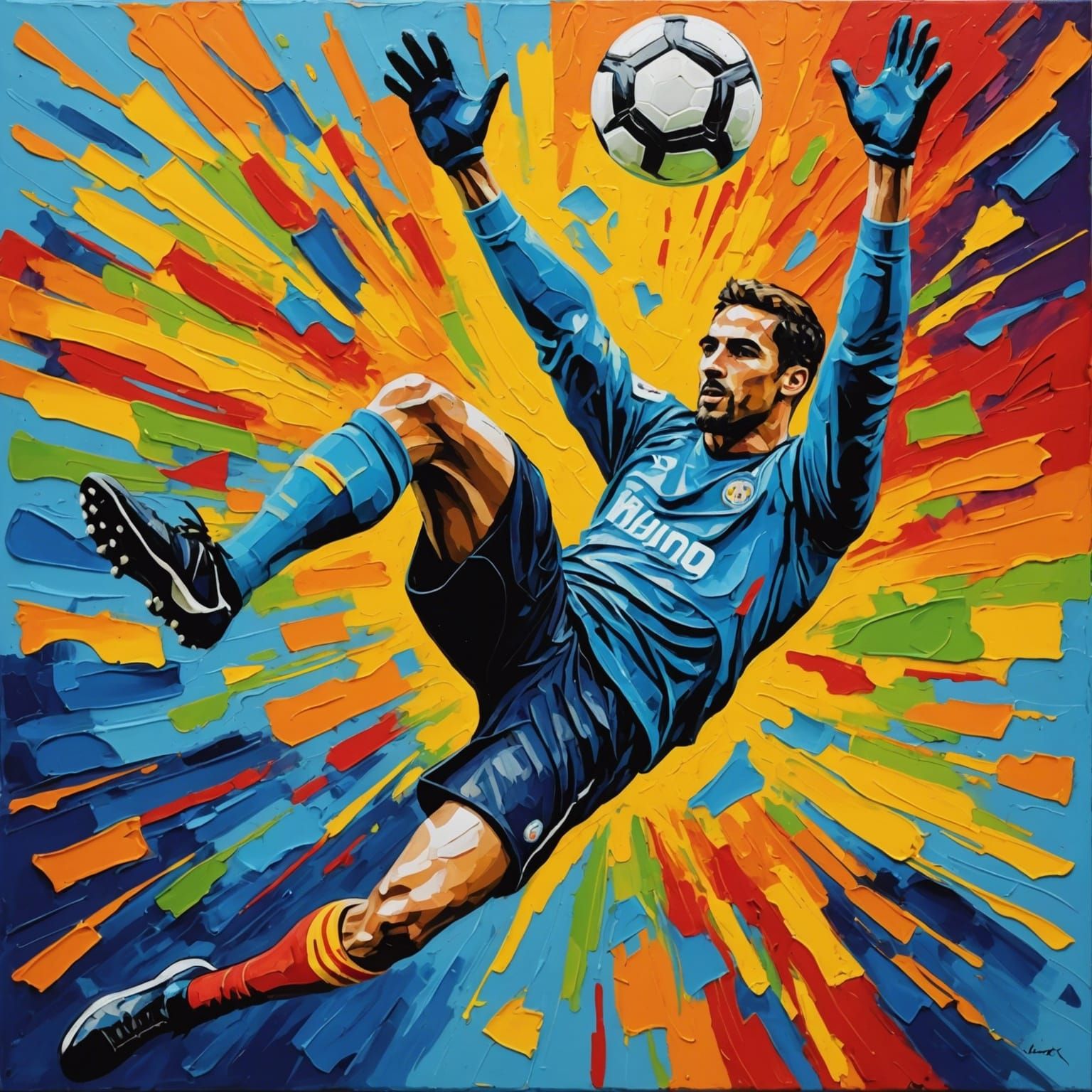 Footballer's Bicycle Kick in Colorful Impasto Style