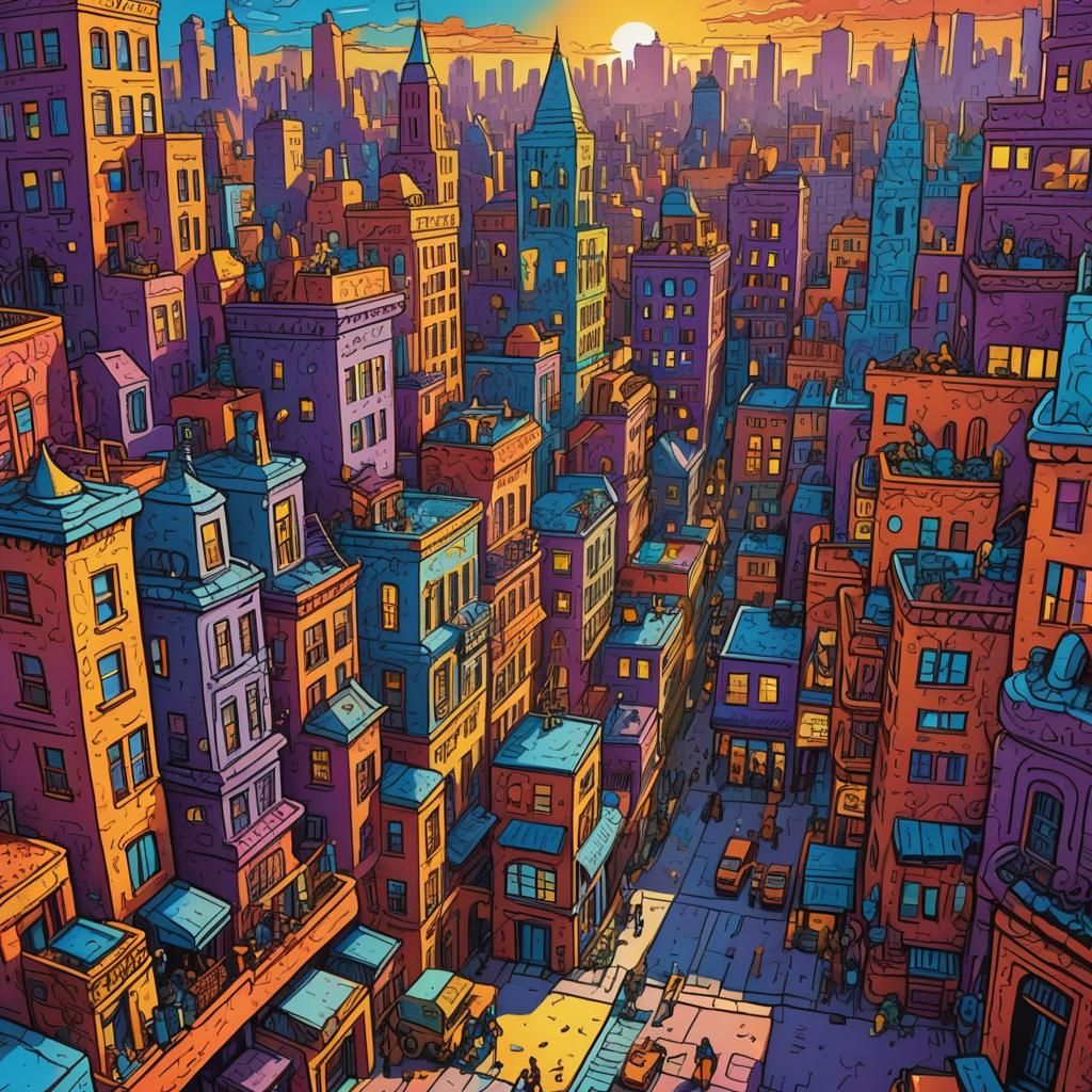 Vibrant Fantasy Cityscape in Keith Haring Style