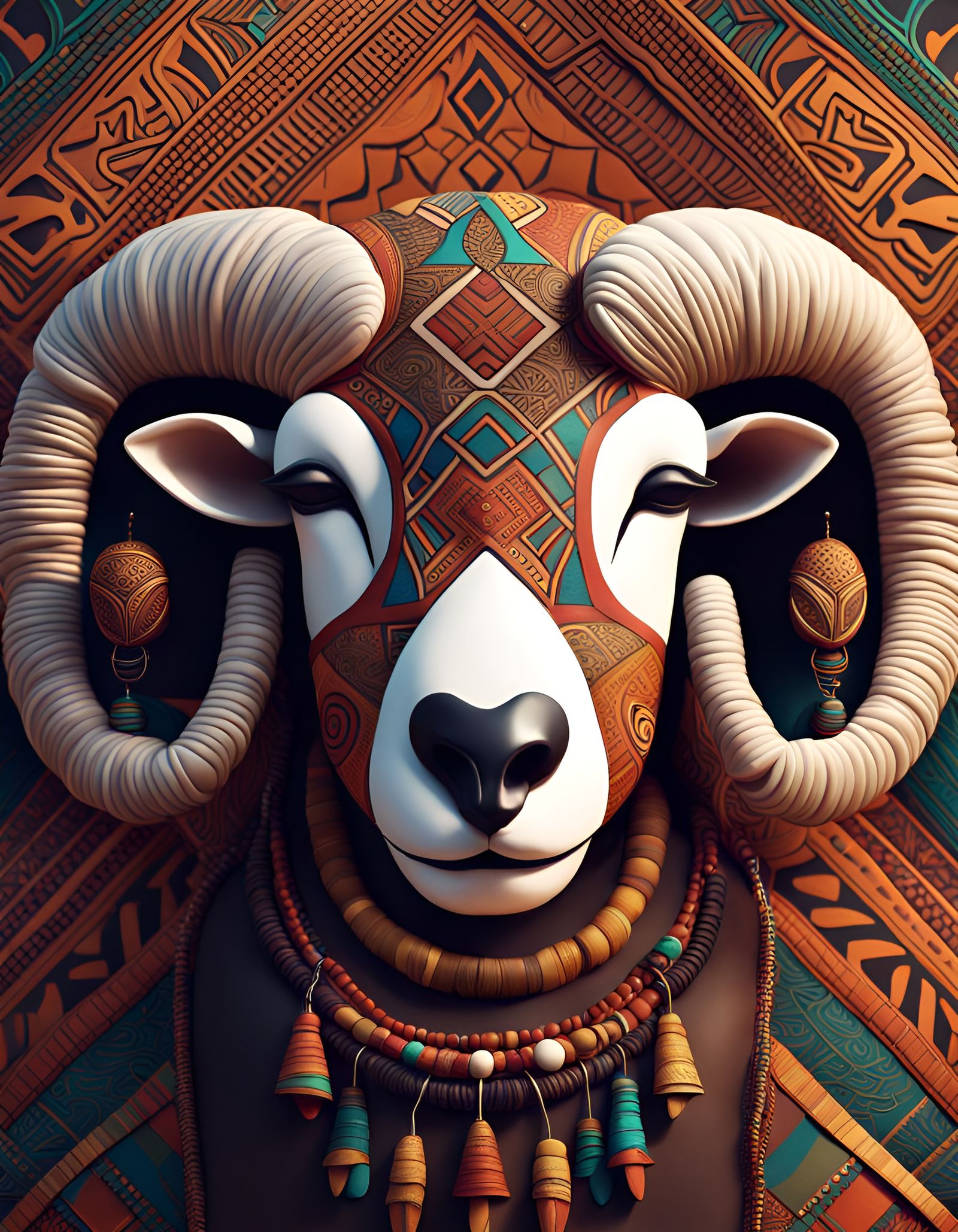 African Art Sheep with Tribal Mask and Geometric Motifs