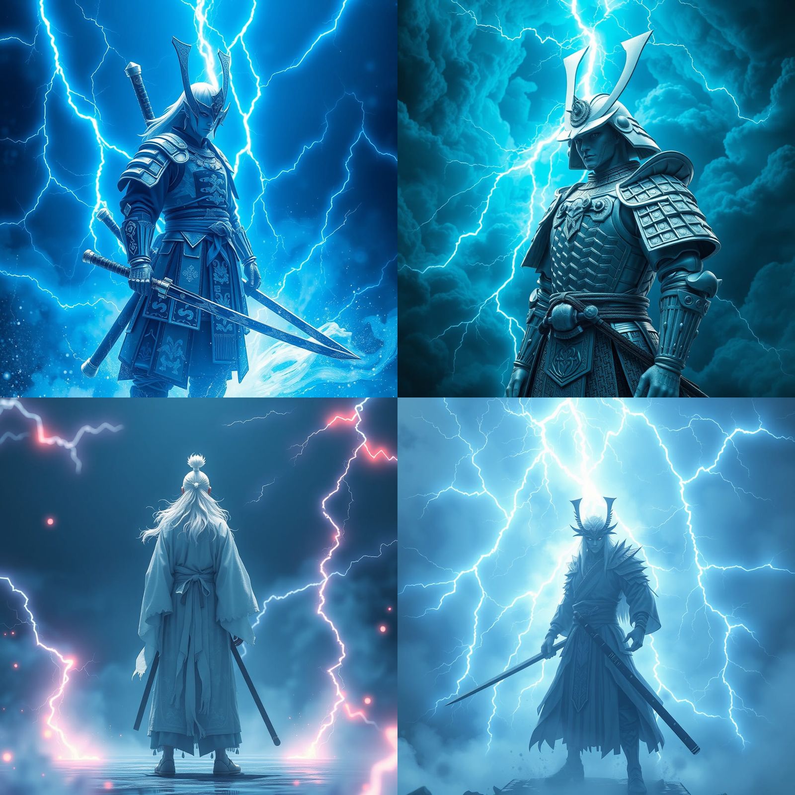 Albino Samurai with Electric Blue Lightning Background