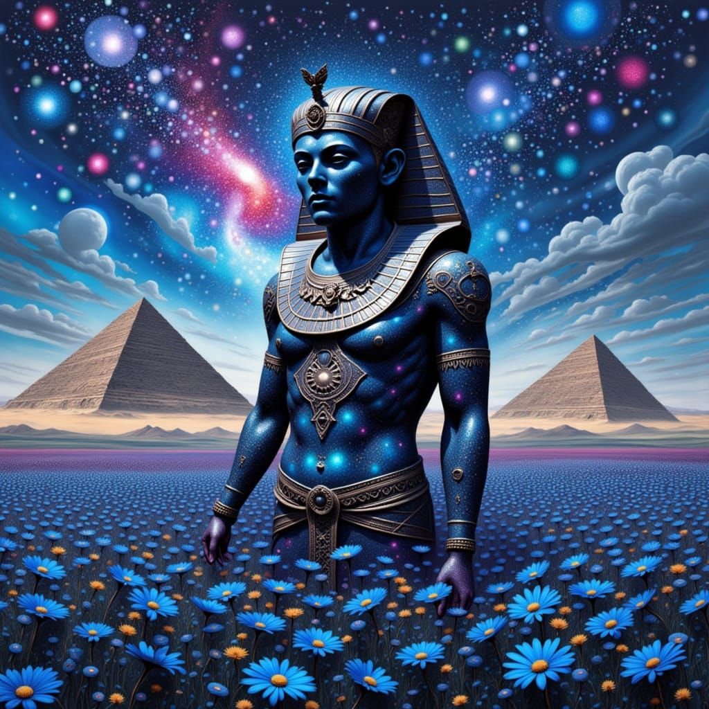 Obsidian God Statue Among Cosmic Daisies