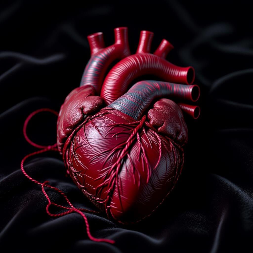 Anatomical Heart Stitched with Crimson Thread on Velvet