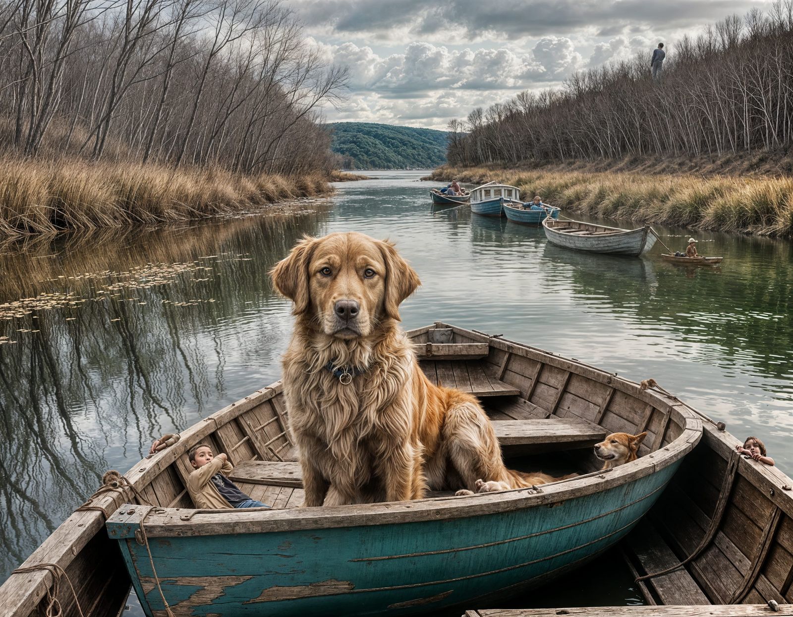 Serene River Scene with Boy and Golden Retriever