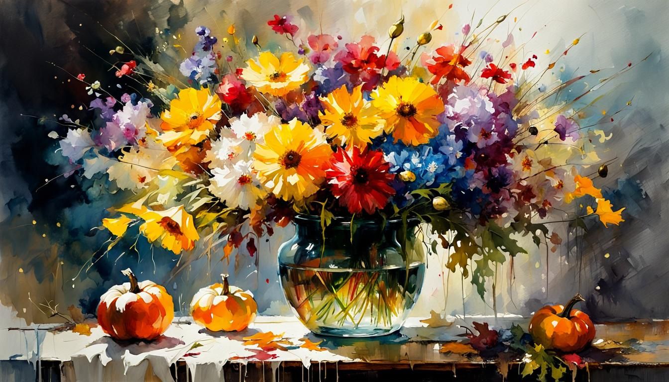 Watercolor Fall Bouquet in Dramatic Light