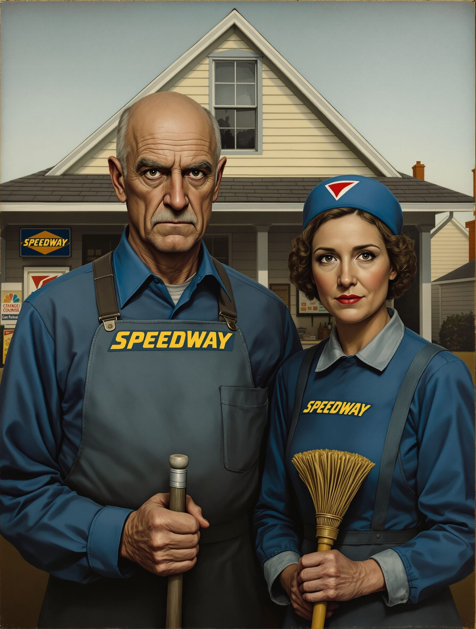 American Gothic Speedway Employees Oil Painting