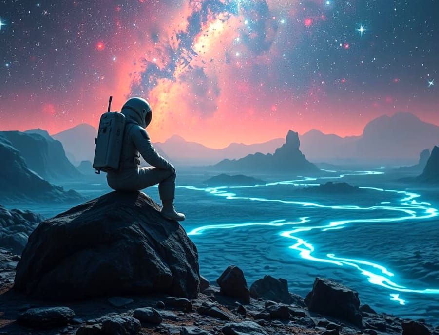 Astronaut in Cosmic Landscape with Glowing Rivers