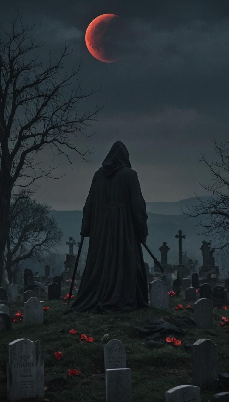 Grim Reaper Under Blood-Red Eclipse