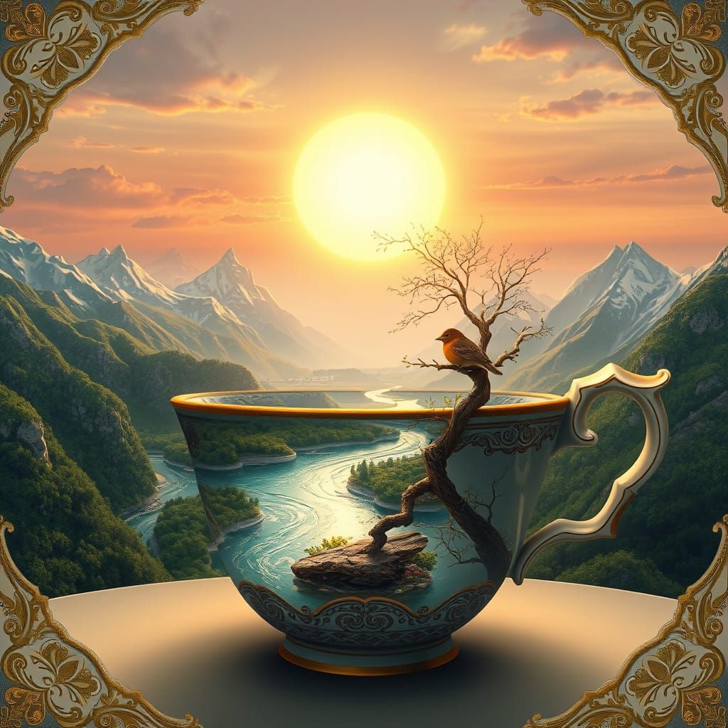 Surreal Landscape within Antique Teacup in Whimsical Style