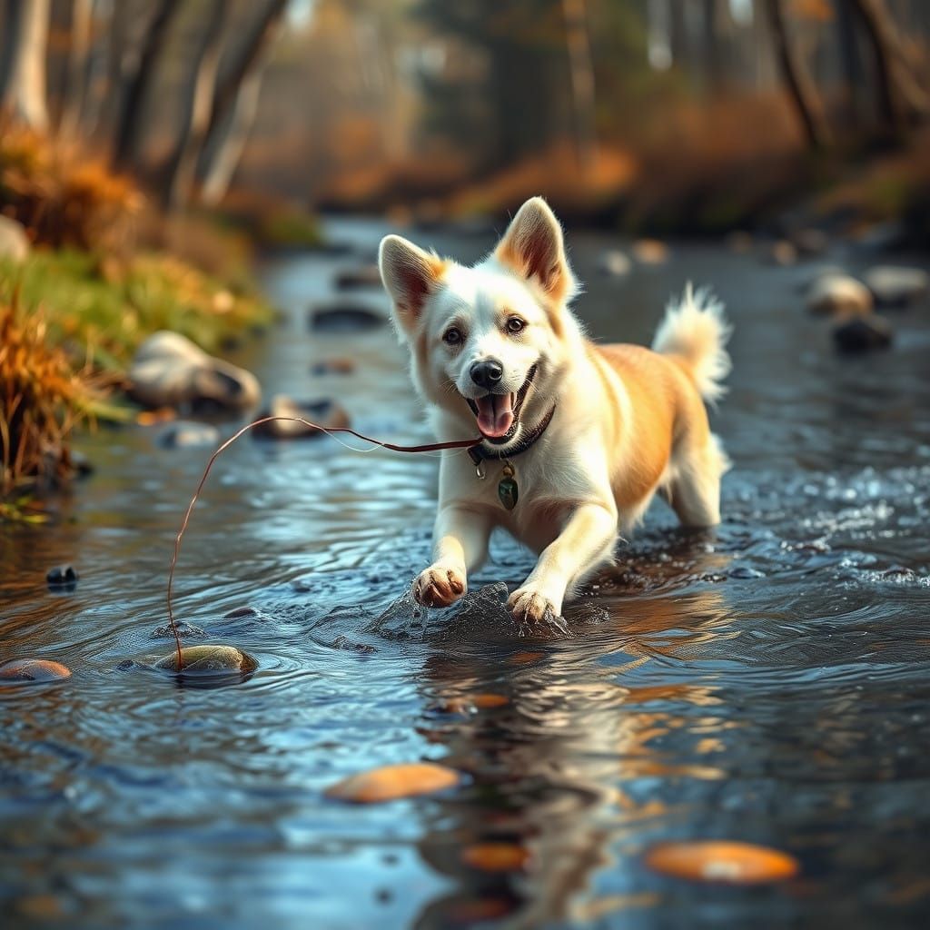 Canine Catch in a Dreamlike Streamside Scene