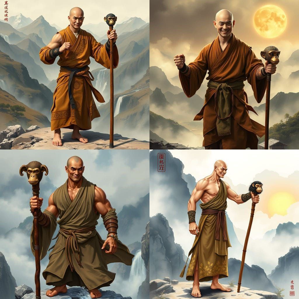 Cyberpunk-Inspired Shao-Lin Monk in Earth-Toned Robes