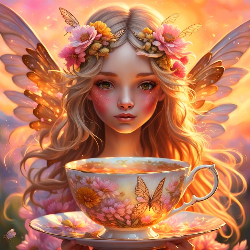 Floral Fairy with Golden Wings at Sunset