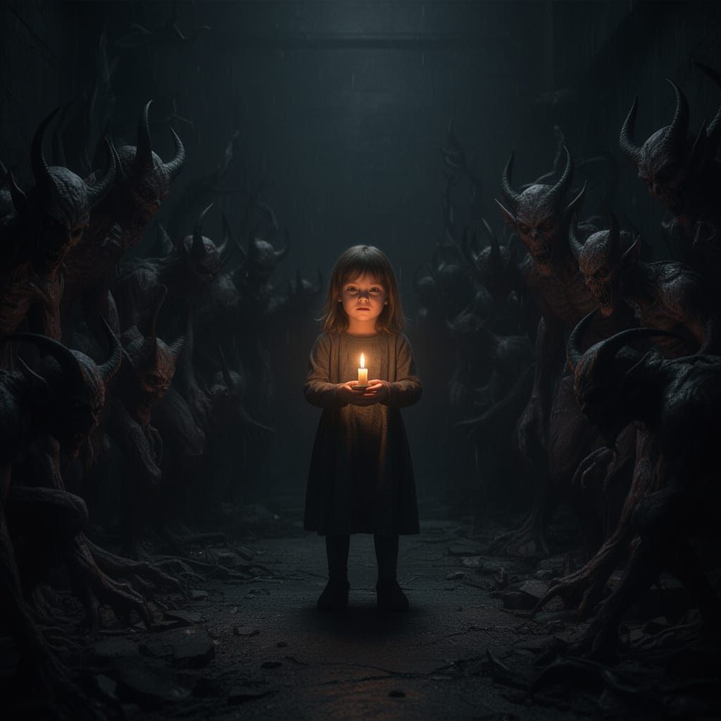 Girl Holds Candle Against Demonic Horde in Hyper-Realistic S...