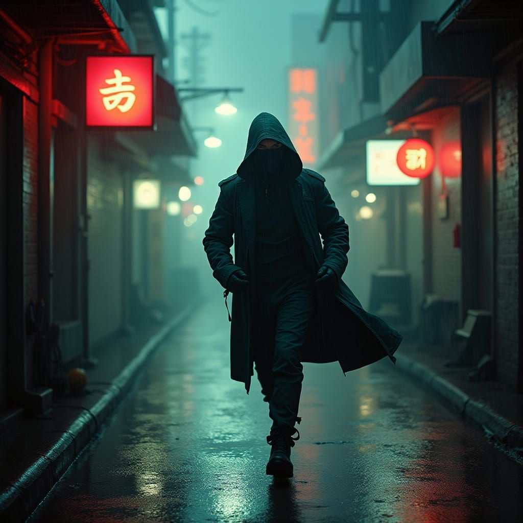 Cyborg Ninja in Rain-Soaked Cyberpunk Alley