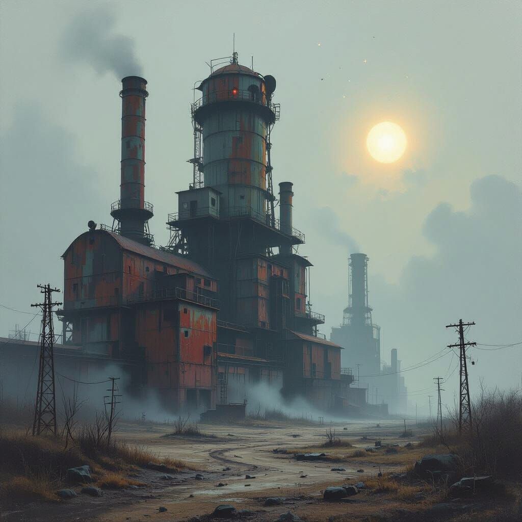 Abandoned Industrial Complex Under Cosmic Glow, Oil Painting