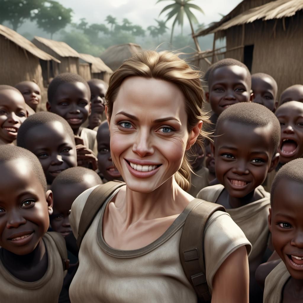 Angelina Jolie surrounded by children in Sierra Leone