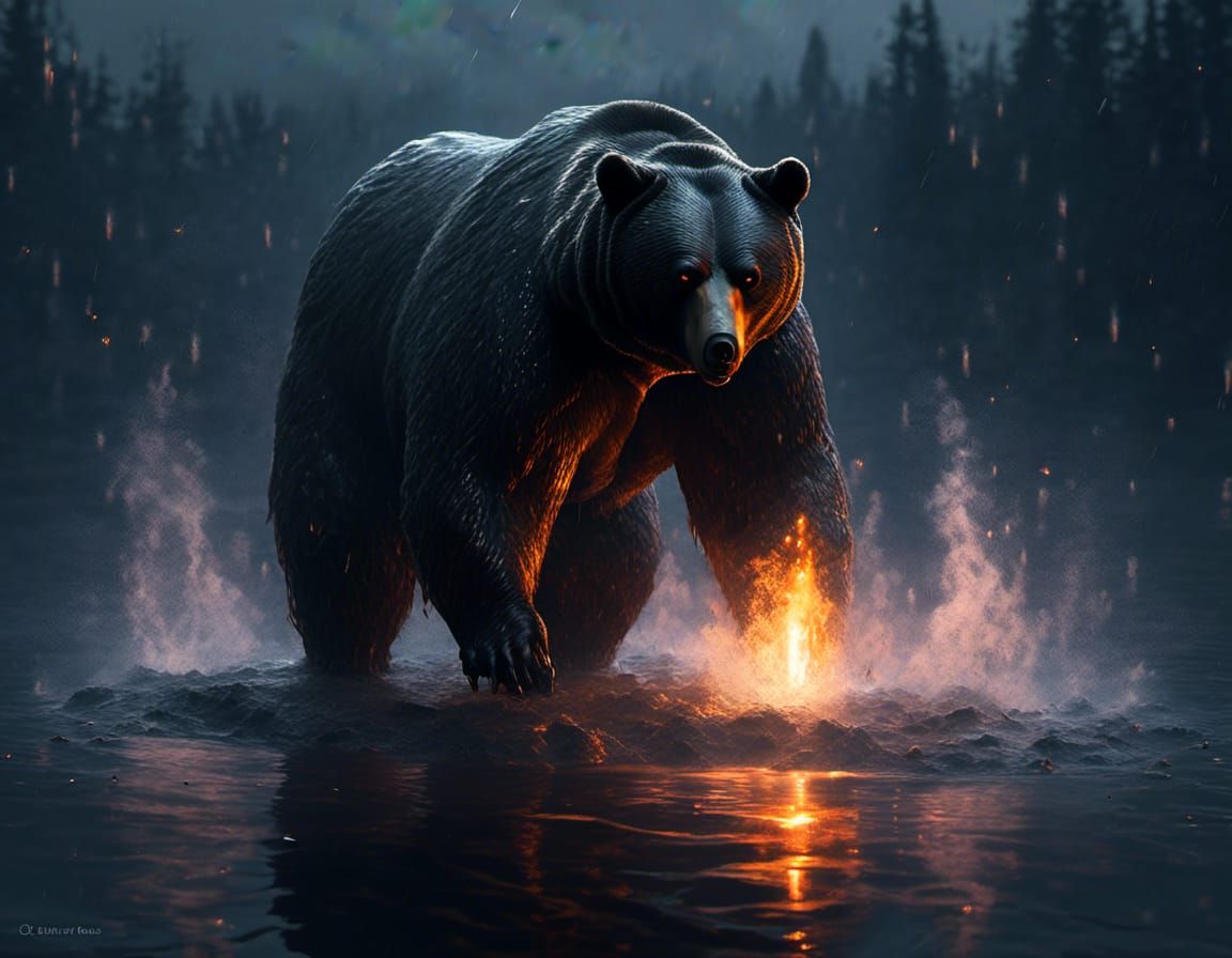 Sinister Bear Emerges from Misty Lake