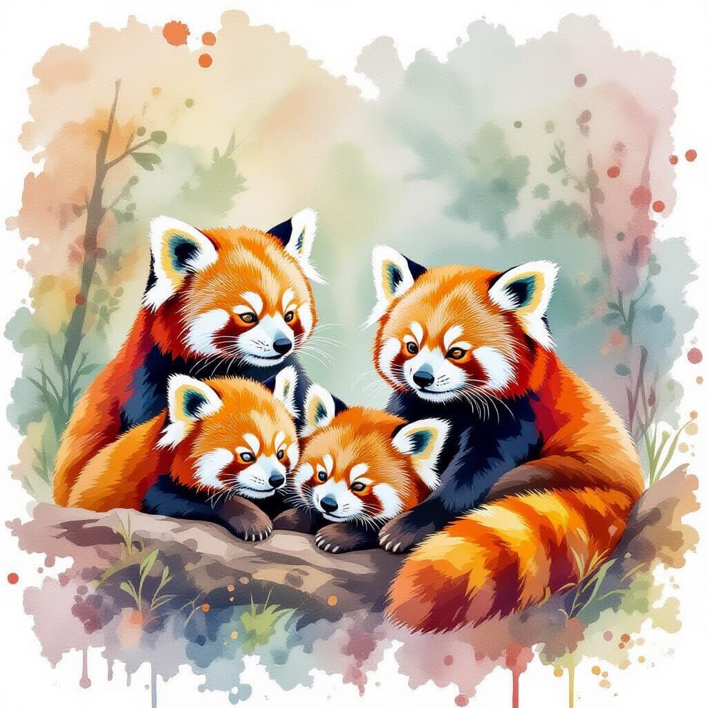 Red Pandas Relaxing at Home in Watercolor Style