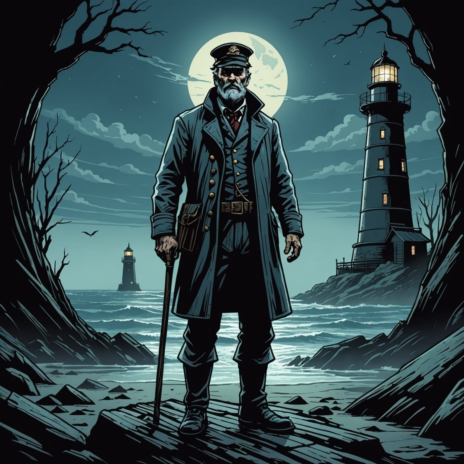 Horror Lighthouse Keeper in Comic Book Style