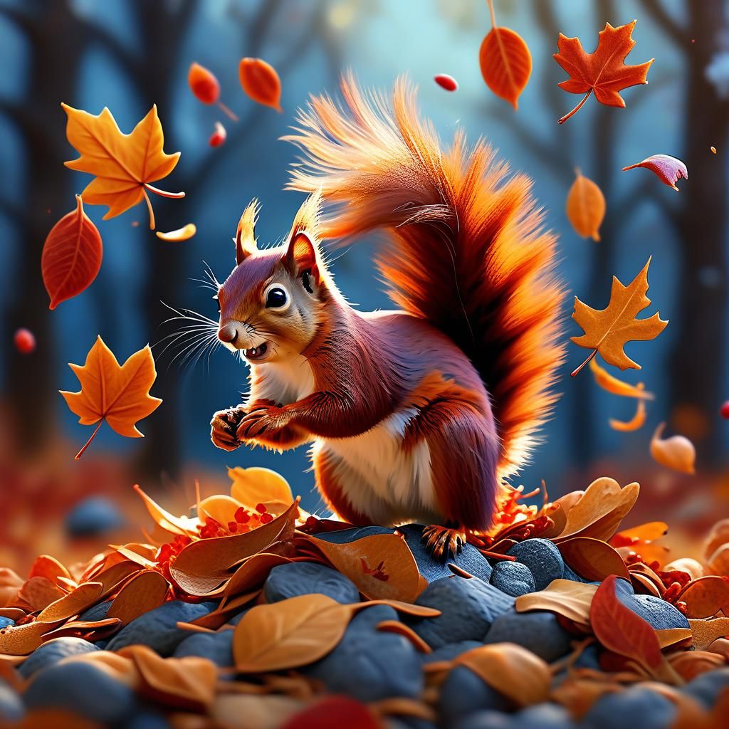 Red Squirrel in Autumn Leaves: Fantasy Digital Art