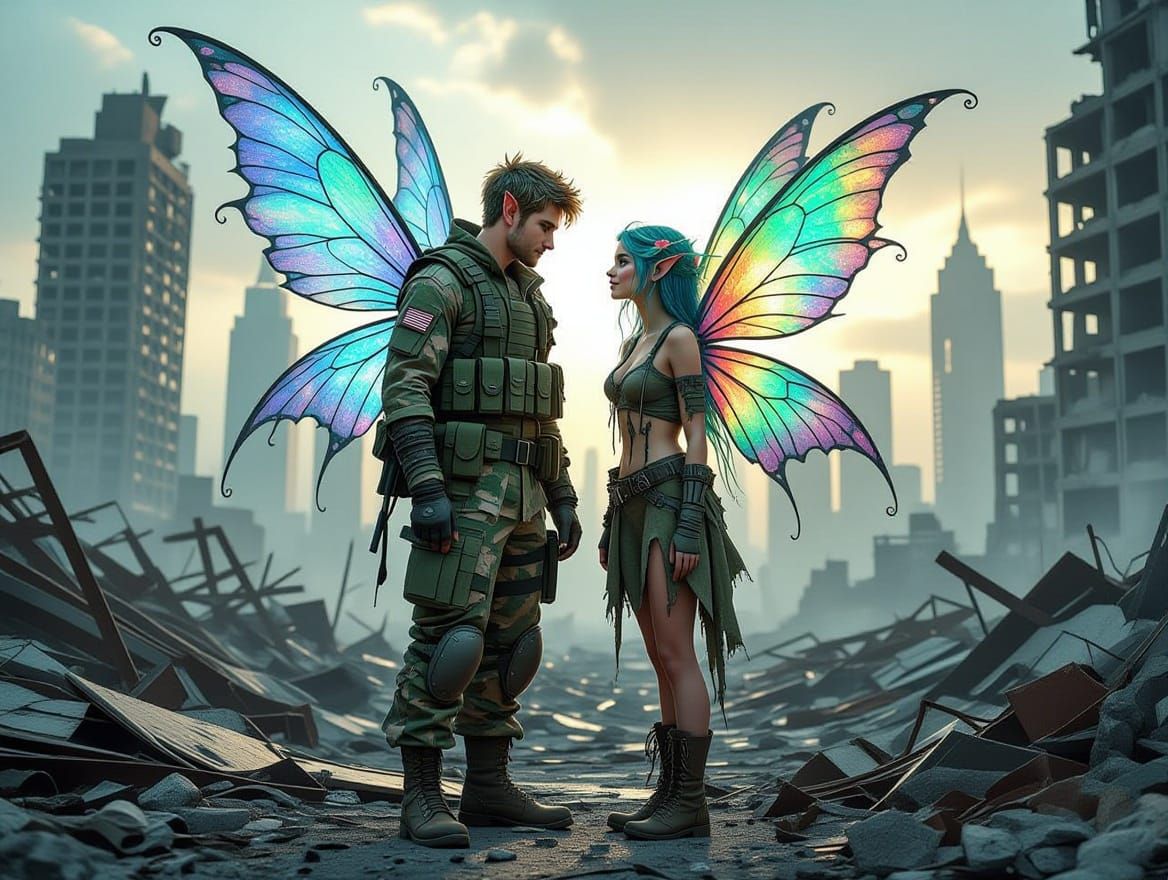 Whimsical Fairy Couple in a Post-Apocalyptic Ruin
