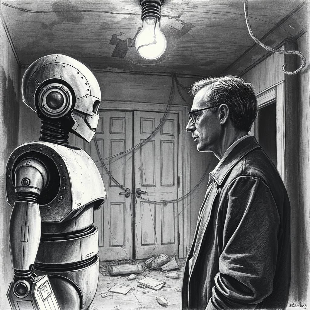 Man and Robot Converse in Dusty, Abandoned Room