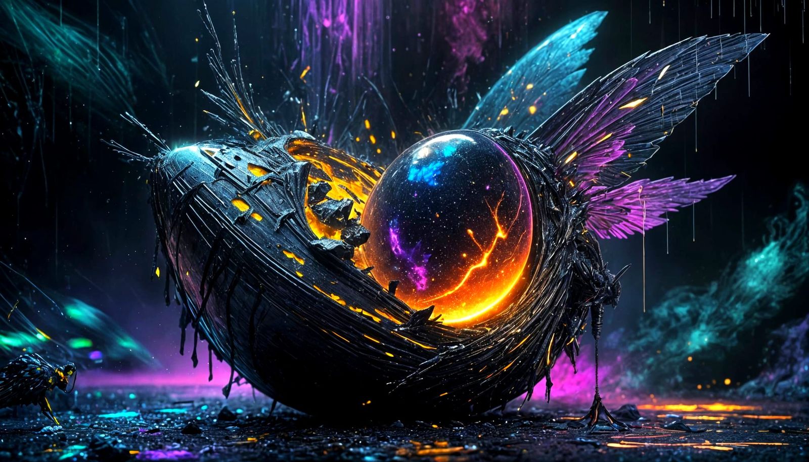 Gothic Punk Fairy Opens Cosmic Egg in Spray Paint Style