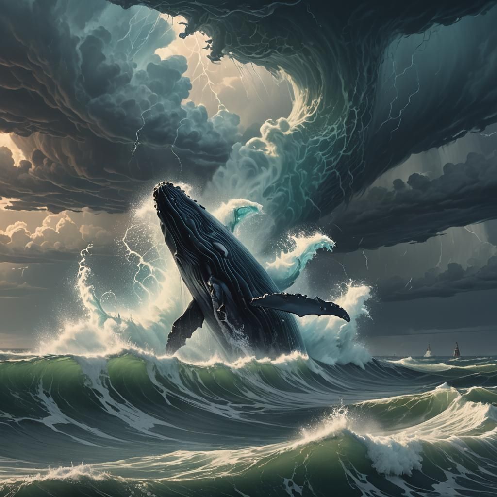 Majestic Whale Breaching Stormy Seas in Fantasy Style