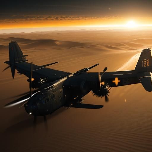 AC-130 Gunship Over Desert Sunset: Cinematic Film Still