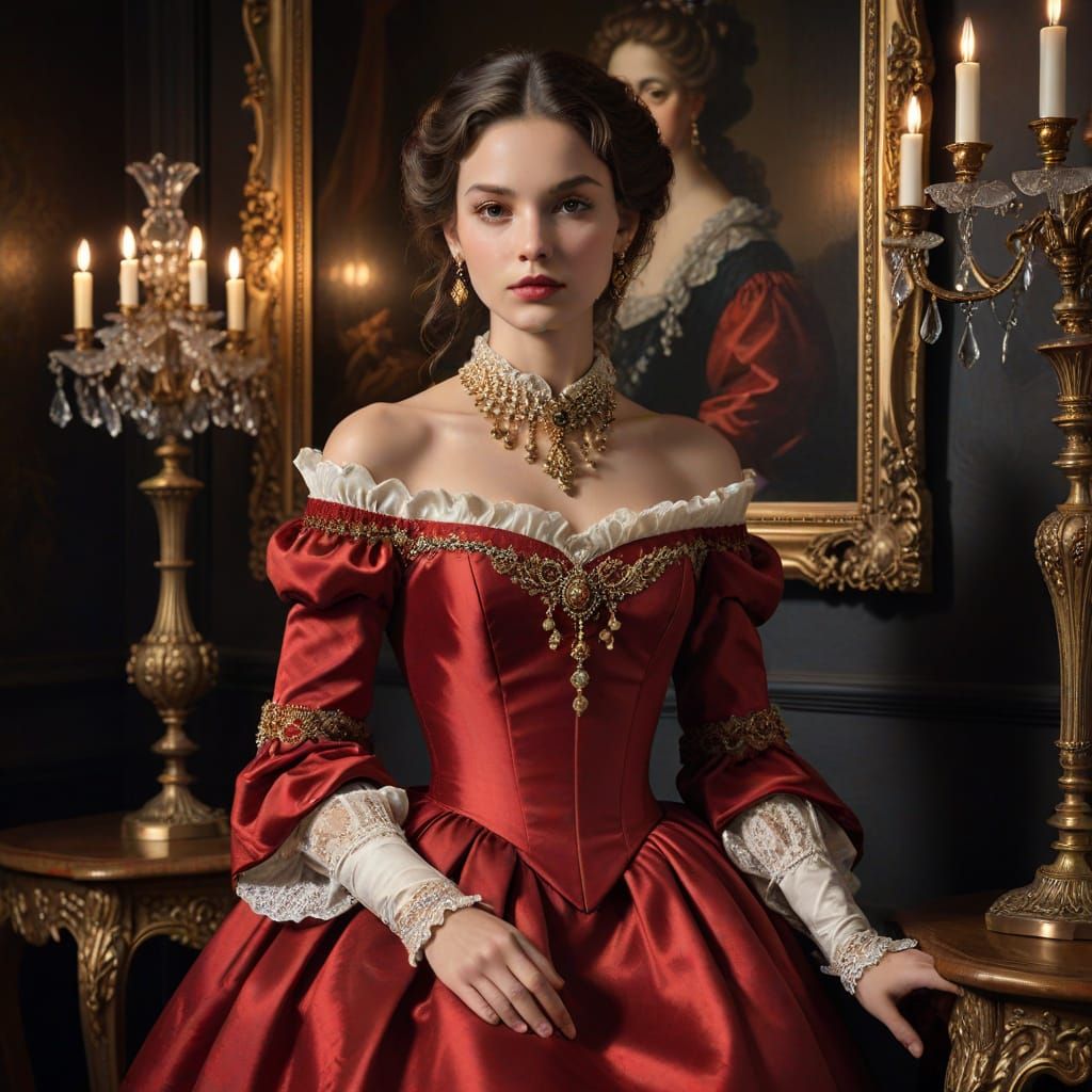 Elegant Woman in Red Satin, Baroque Art Style
