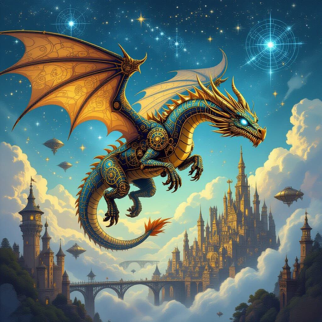 Clockwork Dragon Soars Over Steampunk City Under Constellati...