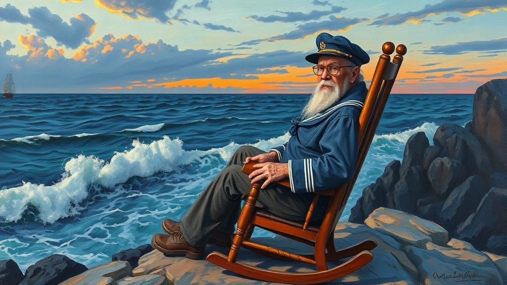 Old Seaman in Van Gogh Style on Rocky Coast