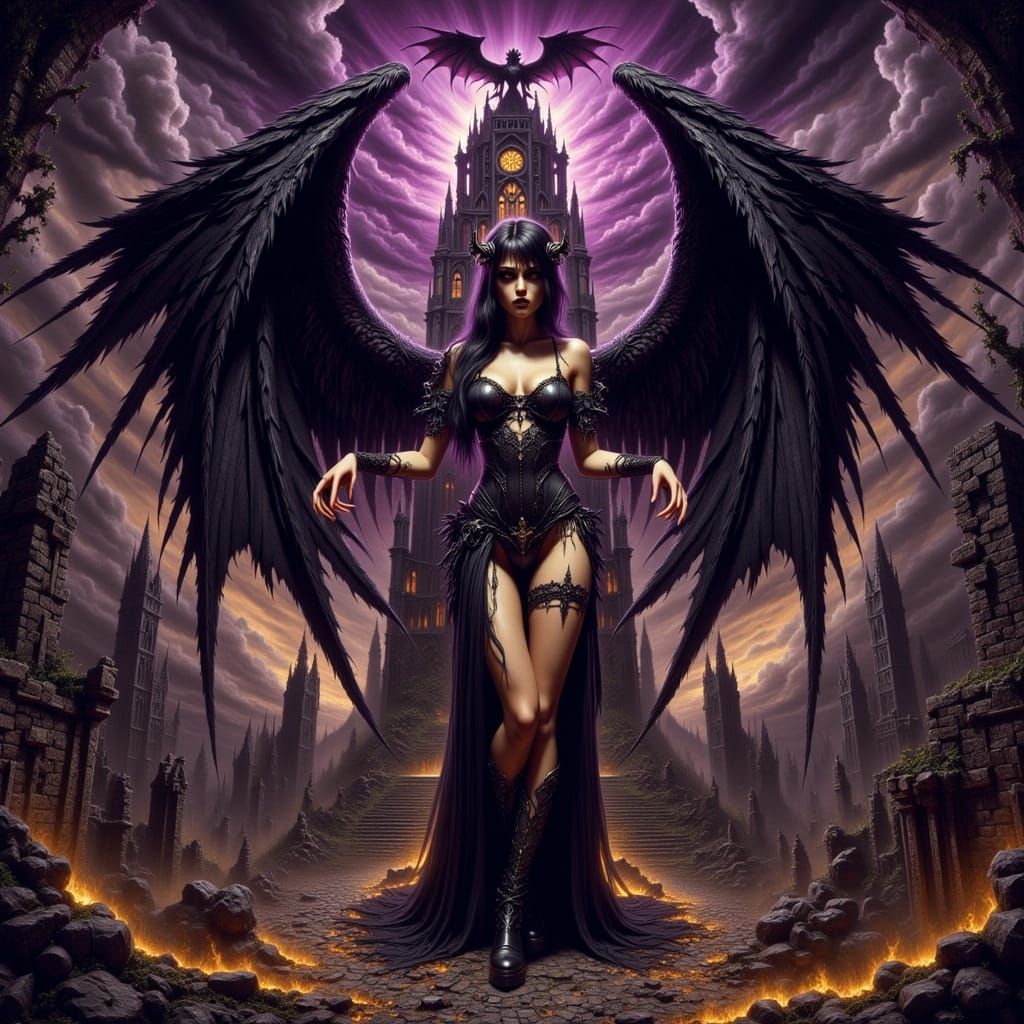 Dark Fantasy Woman and Demon on Cathedral Spire