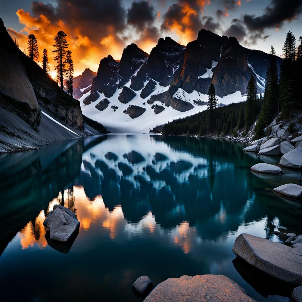 Fiery Cliffside Reflections: Ansel Adams Photography