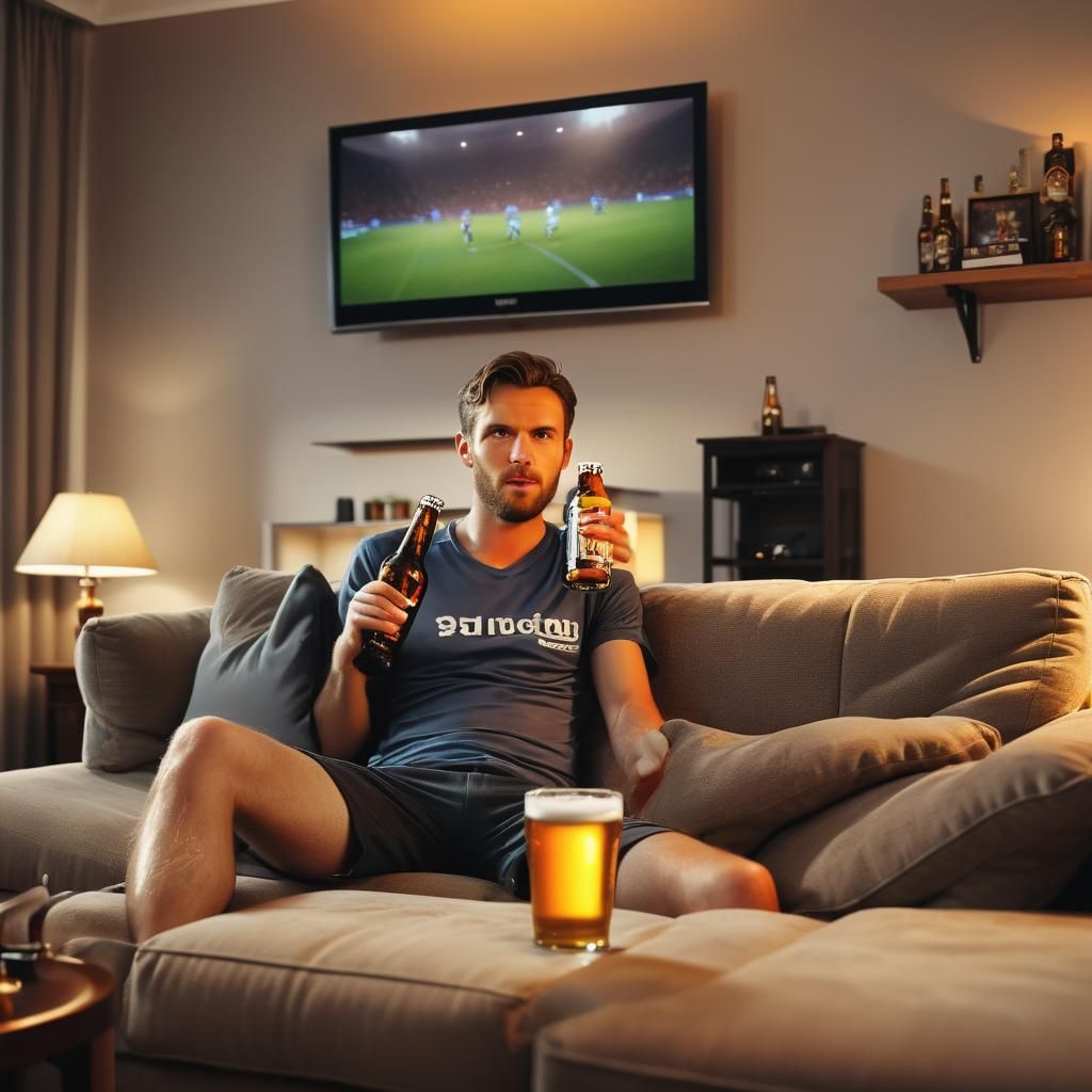 Man Watching Soccer Game in Cozy Living Room