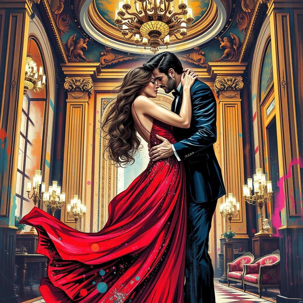 Passionate Embrace in Ornate Setting: Graffiti Art Style