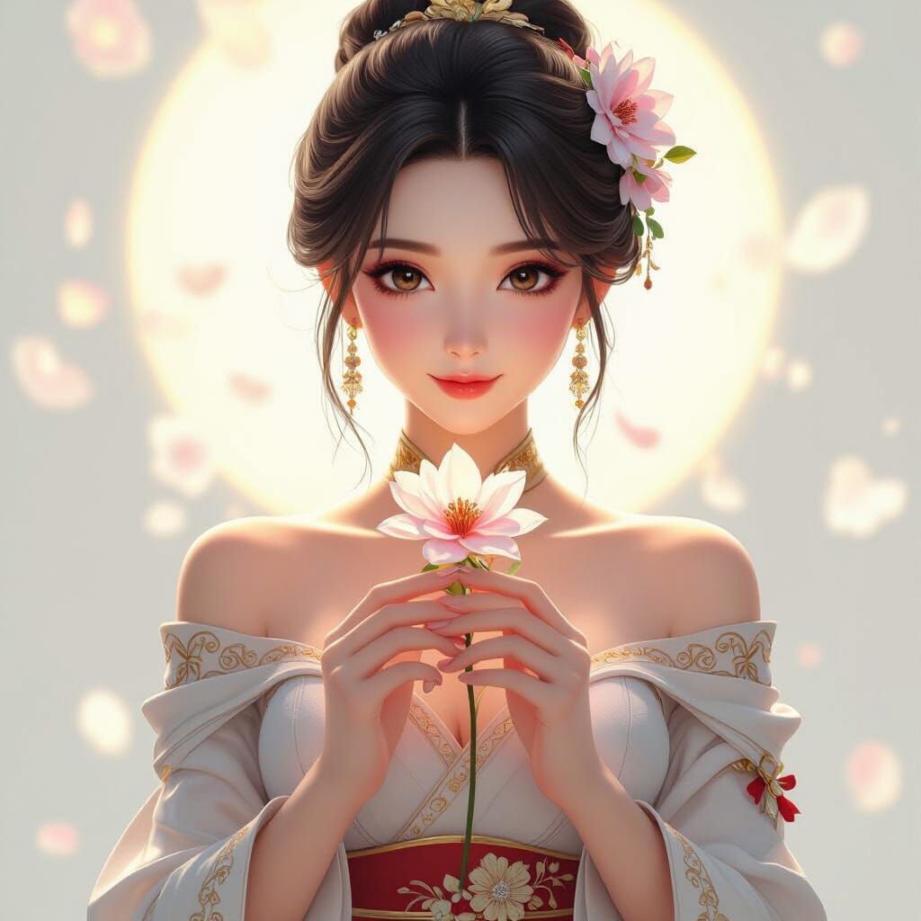 Elegant Woman Holding Flower in 3D Anime Art Style