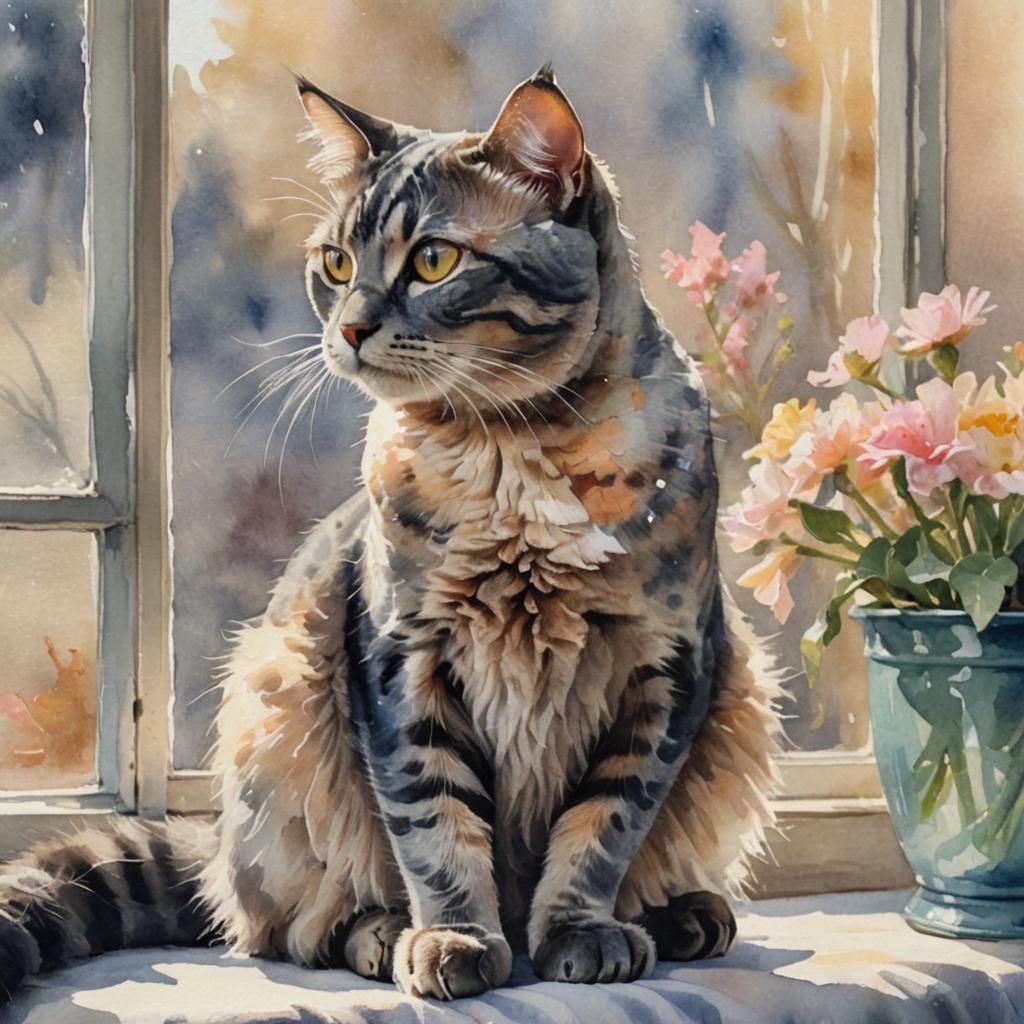 Impressionist Watercolor of Cat in Sunny Window