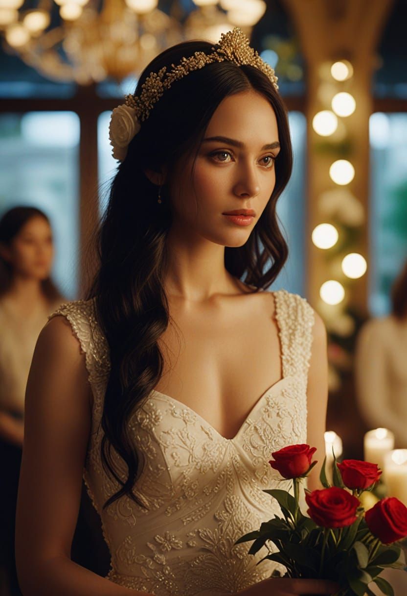 Goddess-Like Woman in Wedding Dress, Cinematic Still