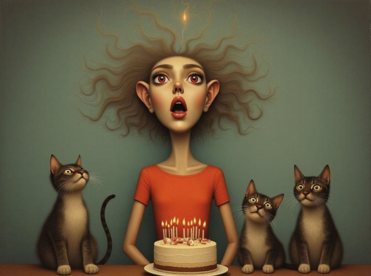 Whimsical Woman Conducts Singing Cats with Birthday Cake Hai...